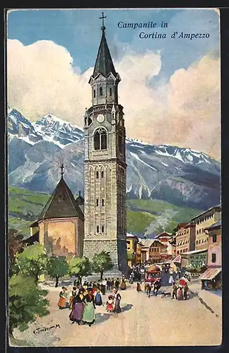 Künstler-AK Hans Treiber: Cortina d`Ampezzo, Strassenpartie an der Kirche