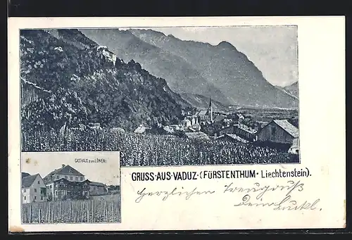 AK Vaduz, Gasthaus zum Löwen, Ortsansicht mit Kirche