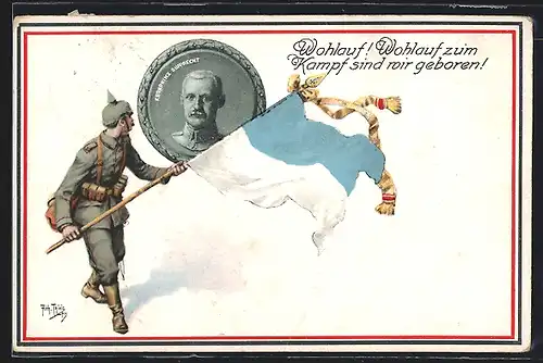 Künstler-AK Arthur Thiele: Portrait Kronprinz Rupprecht, Soldat mit bayerischer Fahne