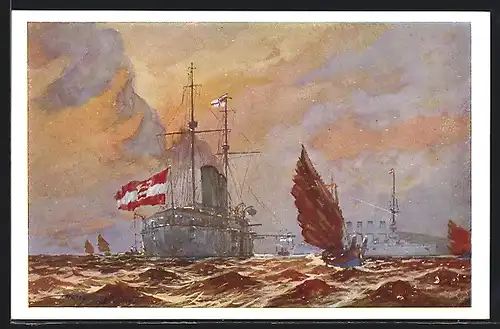 Künstler-AK Harry Heusser: Kiautschau, Kriegsschiff SMS Kaiserin Elisabeth
