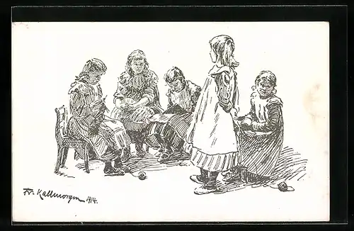 Künstler-AK Friedrich Kallmorgen: Mädchen bei der Handarbeit