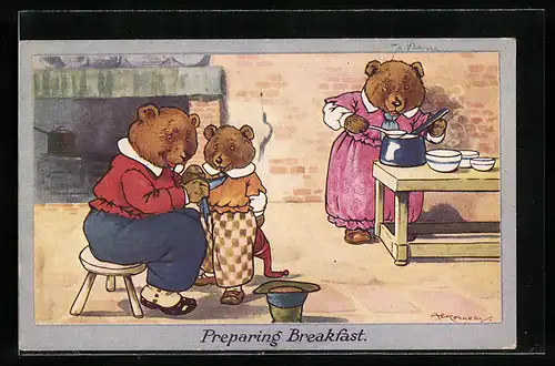 Künstler-AK A. E. Kennedy: Bären bereiten das Frühstück vor