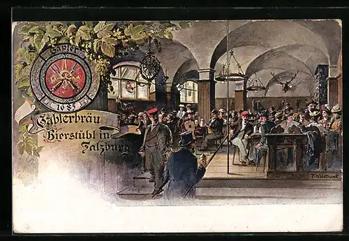 Künstler-AK Salzburg, Bierstübl Gablerbräu, Innenansicht