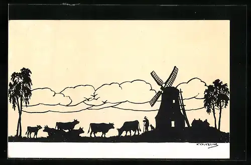Künstler-AK Friedrich Kaskeline: Kuhhirte mit seiner Herde bei einer Windmühle, Scherenschnitt