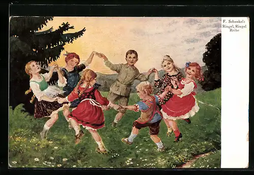 Künstler-AK Franziska Schenkel: Kinder tanzen Ringelreihen auf der Wiese