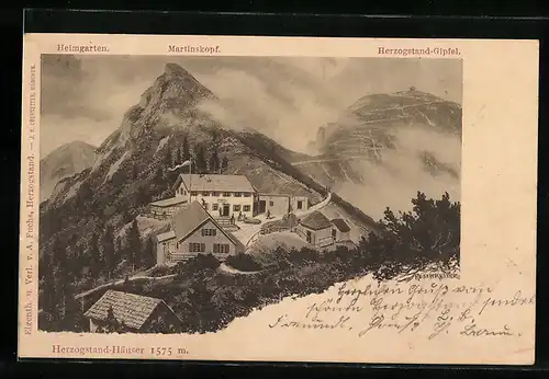 Künstler-AK Rudolf Reschreiter: Herzogstand-Häuser mit Blick auf Heimgarten, Martinskopf und Herzogstand-Gipfel