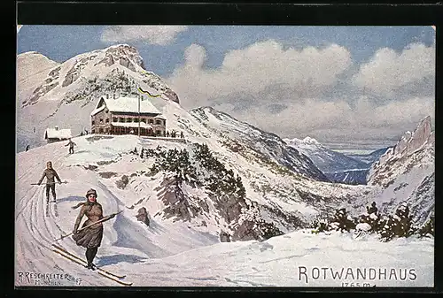 Künstler-AK Rudolf Reschreiter: Neuhaus b. Schliersee, Rotwandhaus mit Skifahrern