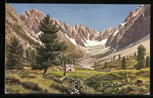 Künstler-AK Rudolf Reschreiter: Verpeilhütte, Alpenpanorama