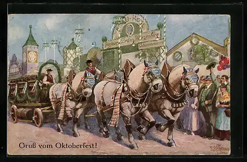 Künstler-AK Ernst Schlemo: München, Geschmückter Bierwagen auf dem Oktoberfest