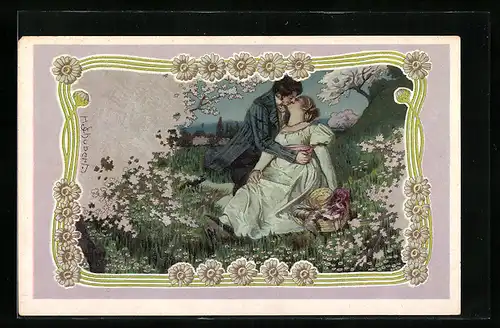 Künstler-AK H. Schubert: leidenschaftlicher Kuss eines Liebespaares auf einer Blumenwiese