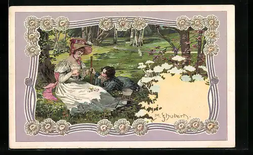 Künstler-AK H. Schubert: Junge Frau mit Blumenkranz und einem Herrn