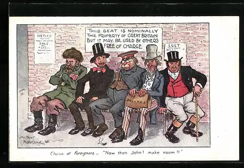 Künstler-AK Arthur Moreland: This seat is nominally the property of Great Britain..., Männer sitzen auf einer Bank
