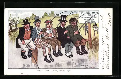 Künstler-AK Arthur Moreland: Männer sitzen zusammen auf einem Steg und angeln, John Bull