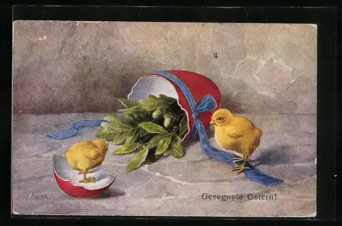 Künstler-AK C.Öhler: Zwei Küken neben einem geöffneten Ei mit Pflanzen darin