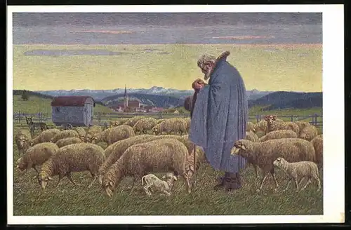 Künstler-AK Josef Madlener: Schäfer spricht sein Abendgebet, Schafherde