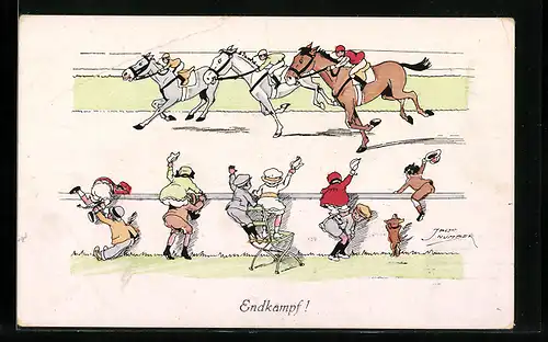 Künstler-AK Jack Number: Zuschauer jubeln beim Pferderennen, Endkampf!