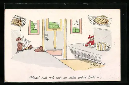 Künstler-AK Jack Number: Junge und Mädchen sitzen in einem Zugabteil, Mädel, ruck ruck ruck an meine grüne Seite