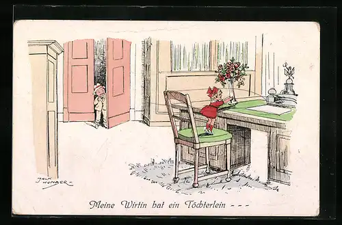 Künstler-AK Jack Number: Kleines Mädchen steht auf einem Stuhl und greift nach der Blumenvase auf dem Tisch