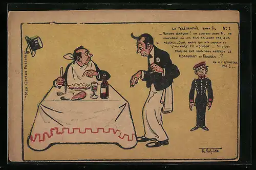 Künstler-AK Philippe Norwins: Gast spricht mit dem Kellner und zeigt auf sein Gericht