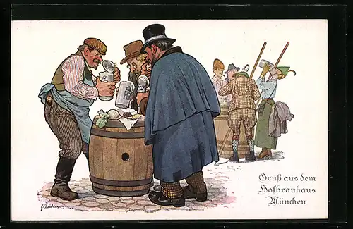 Künstler-AK Fritz Quidenus: München, Biertrinker im Münchner Hofbräuhaus