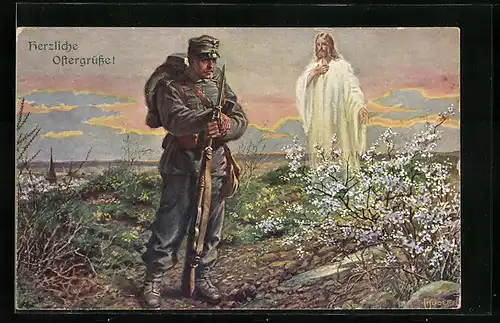 Künstler-AK Franz Kuderna: Soldat im Feld mit Jesus-Erscheinung