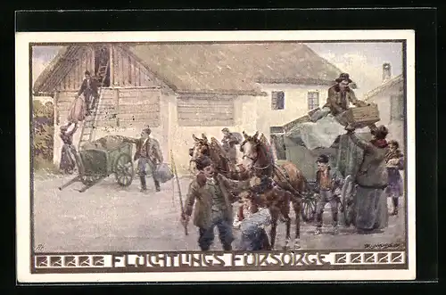 Künstler-AK Richard Moser: Flüchtlings Fürsorge, Familie flüchtet aus der Heimat