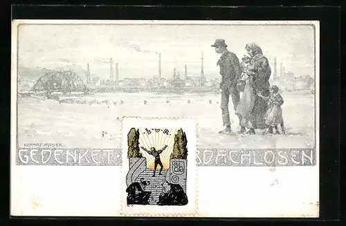 Künstler-AK Richard Moser: Arme Familie auf dem Weg in die Stadt, Gedenket den Obdachlosen