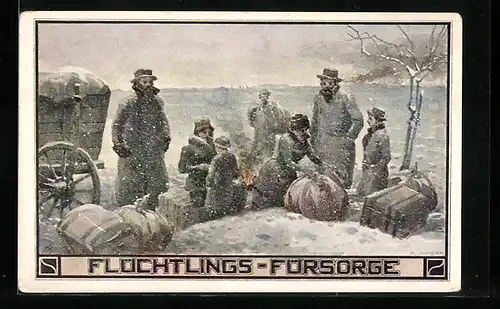 Künstler-AK Richard Moser: Flüchtlinge während einer Pause bei Schneefall