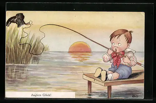 Künstler-AK Korle: Junge angelt einen Schuh aus dem See, Anglers Glück!