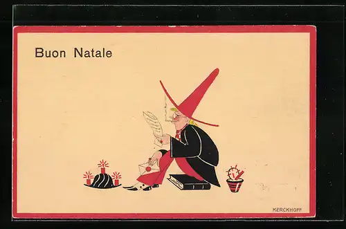 Künstler-AK Kerckhoff: Mann mit Hut sitzt lesend vor einem Kuchen mit Kerzen, Buon Natale