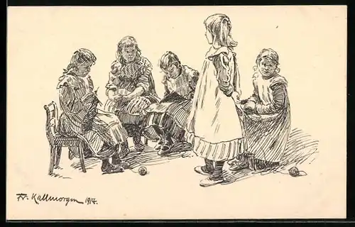 Künstler-AK Friedrich Kallmorgen: Mädchen sitzen zusammen bei der Handarbeit und der Lektüre