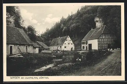 AK Wimsen, Häuser am Fluss und Brücke