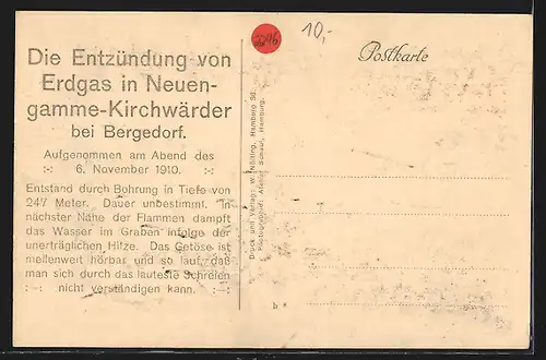 AK Hamburg-Kirchwerder, Entzündung von Erdgas am Abend des 6. November 1910