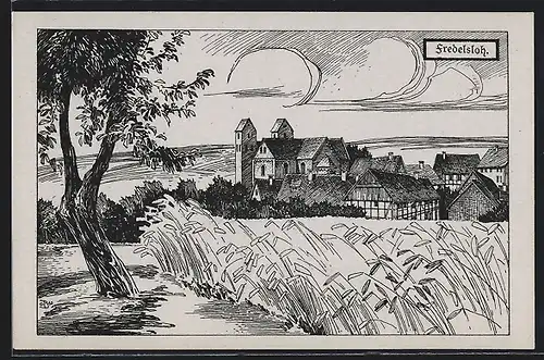 Künstler-AK Fredelsloh, Blick von einem Kornfeld auf den Ort
