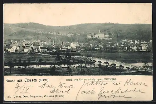 AK Crossen / Elster, Panorama mit neuer Elsterbrücke