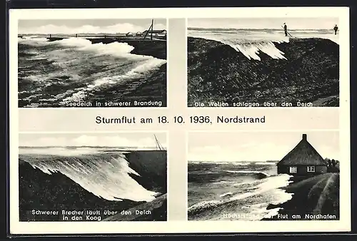AK Norderhafen, Sturmflut 1936, Seedeich in schwerer Brandung, Brecher läuft über Deich in den, Fluthöchststand