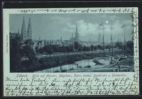 AK Lübeck, Blick auf Marien-, Aegidien-, Petrie-, katholische Domkirche und Holstentor