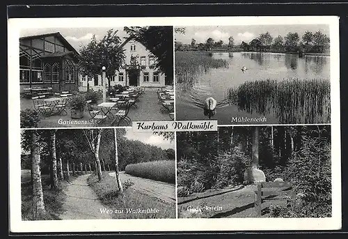 AK Bremervörde, Kurhaus Walkmühle mit Mühlenteich, Gedenkstein und Gartenansicht