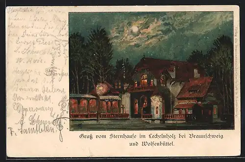 Lithographie Lechelnholz, Gasthof Sternhaus nachts beleuchtet