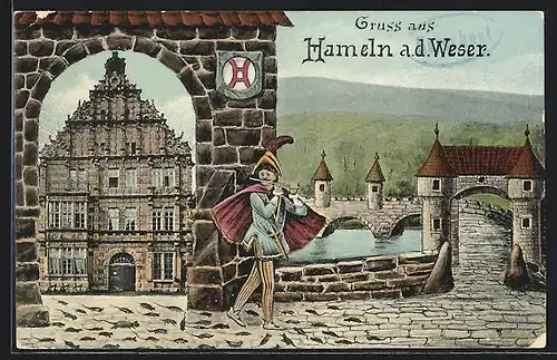 AK Hameln, Rattenfänger führt die Ratten aus der Stadt hinaus