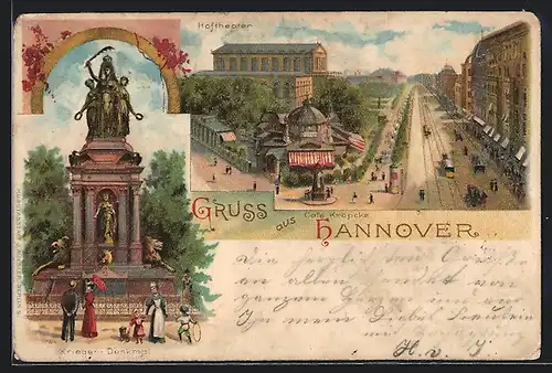 Lithographie Hannover, Café Kröpcke mit Umgebung, Krieger-Denkmal, Litfasssäule