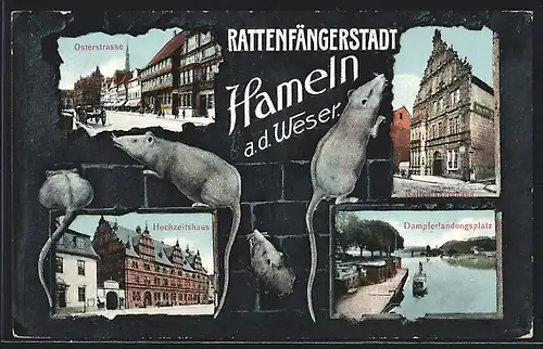 AK Hameln, Osterstrasse, Rattenfängerhaus, Hochzeitshaus und Dampferlandungsplatz