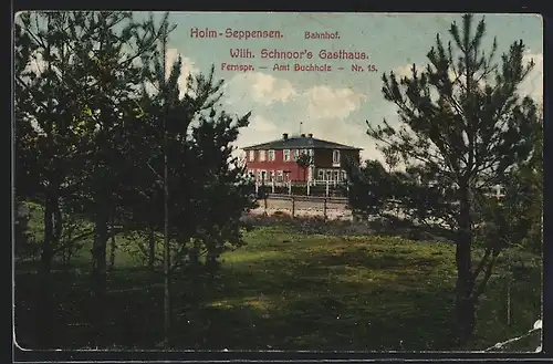AK Holm-Seppensen, Bahnhof, Wilh. Schnoor`s Gasthaus