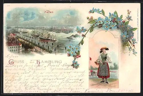 Lithographie Hamburg-Harburg, Hafen-Partie u. Frau in Tracht