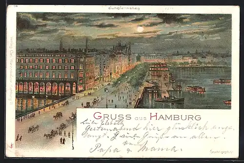 Lithographie Hamburg-Neustadt, Hafenpartie am Jungfernstieg