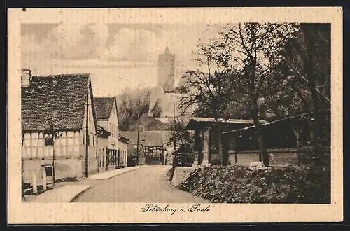 AK Schönburg a. Saale, Strassenpartie mit Burgruine