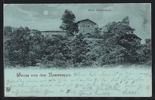 Mondschein-AK Thale / Harz, Hotel Rosstrappe
