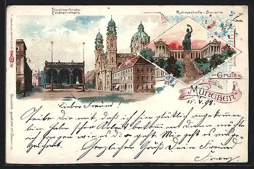 Lithographie München, Theatinerkirche und Feldherrnhalle, Bavaria