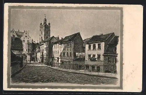 AK Darmstadt, Häusergruppe in der Pädagogstrasse mit Stadtkirche