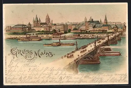 Lithographie Mainz, Stadtansicht mit Mondsichel - Halt gegen das Licht